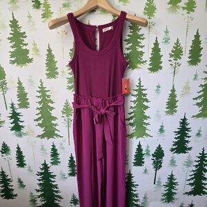 Magenta Ribbed Tank Wide Leg Jumpsuit with Waist Tie